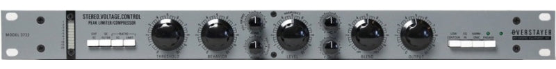 Front panel of a stereo voltage control audio processor with knobs and switches labeled for compression settings