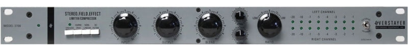 Front panel of a stereo field effect limiter/compressor audio device with knobs and indicator LEDs.