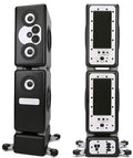 A tall black floor-standing modular tower studio monitor with ten exposed cone drivers of varying sizes stacked vertically in a sealed cabinet.