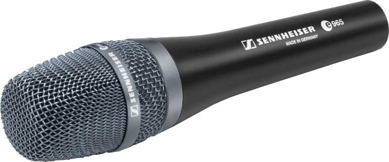 Close-up of a black Sennheiser microphone with a metal mesh grille and printed logos on the body.