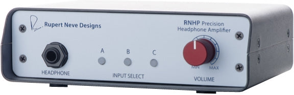 Silver Rupert Neve Designs RNHP Precision Headphone Amplifier with headphone jack, three input select buttons, and red volume knob.
