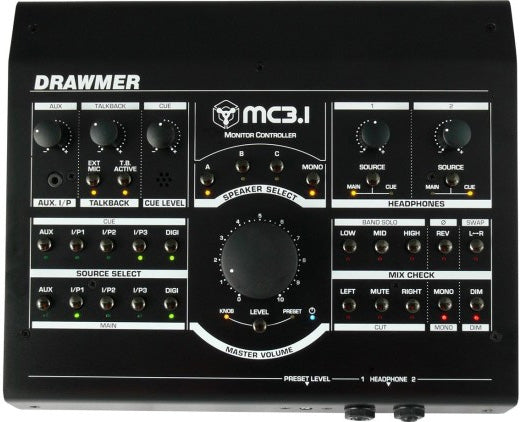 Front panel of a Drawmer MC3.1 monitor controller with knobs, buttons, and headphone jacks.