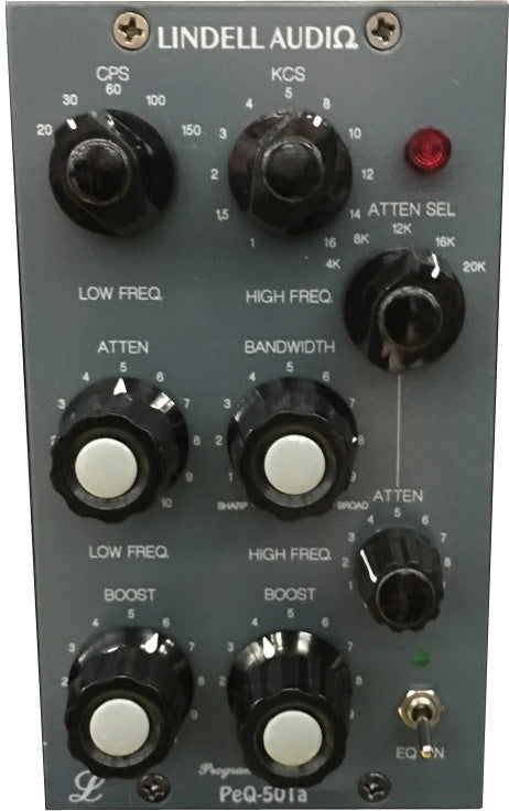 Front panel of a Lindell Audio PeQ-501a with multiple frequency and boost control knobs and toggle switches.