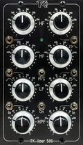 Black audio processing unit with multiple rotary knobs and toggle switches arranged in three frequency bands labeled HF, MF, LF, and HPF.