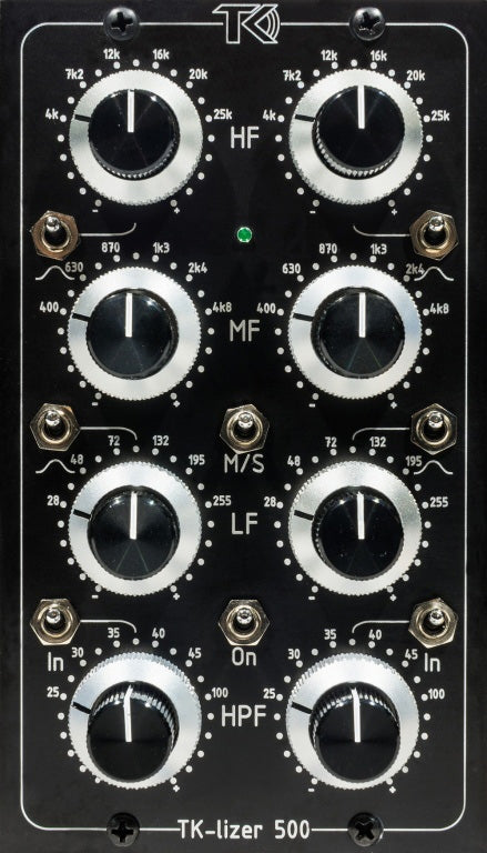 Black audio processing unit with multiple rotary knobs and toggle switches arranged in three frequency bands labeled HF, MF, LF, and HPF.