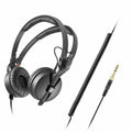 Black over-ear headphones with padded headbands and a coiled cable ending in a 3.5mm gold audio plug.