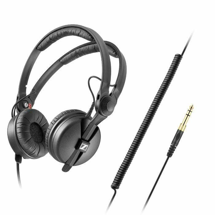 Black over-ear headphones with padded headbands and a coiled cable ending in a 3.5mm gold audio plug.