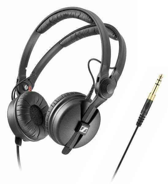 Black wired over-ear headphones with padded headband and 3.5mm audio jack plug.