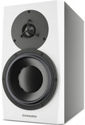 White studio monitor speaker with black woofer and tweeter on the front panel.
