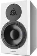 White studio monitor speaker with two drivers and the DYNAUDIO logo on the front.