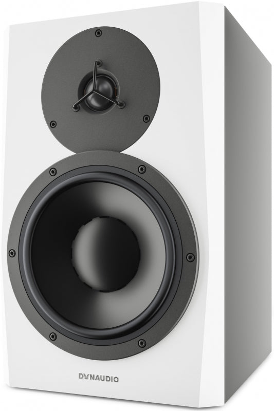 White studio monitor speaker with two drivers and the DYNAUDIO logo on the front.