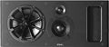 Black horizontal speaker unit with three speaker drivers and a fabric-covered port on the front panel