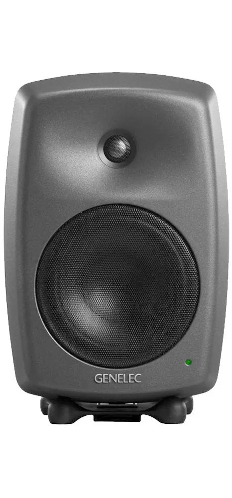 Front view of a black and gray Genelec studio monitor speaker with a large woofer and small tweeter.