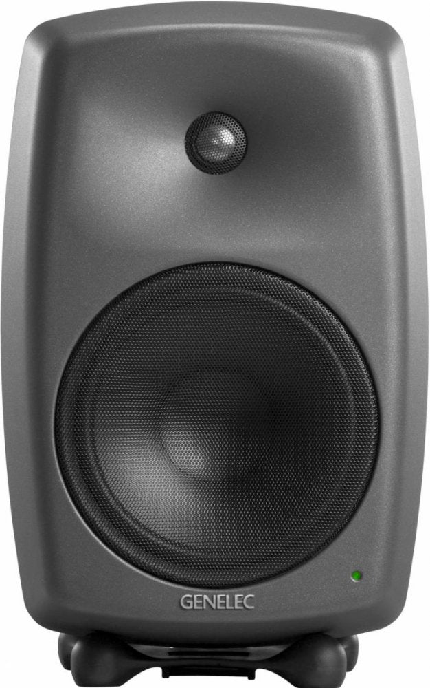 Front view of a black Genelec branded studio monitor speaker with a large woofer and smaller tweeter above it.