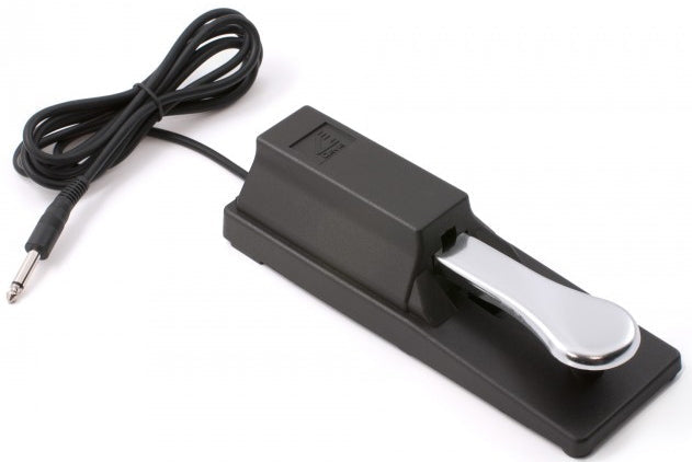 Black and silver expression pedal with attached cable and 1/4 inch mono plug connector.