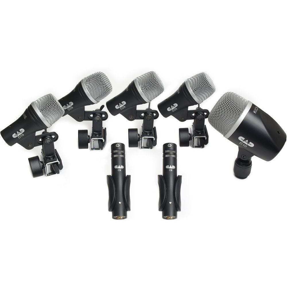 Seven black and silver microphones with mounting clips and XLR connectors arranged on a white background.