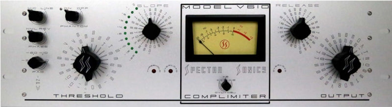 Front panel of an audio processor with knobs, a meter, and toggle switches labeled MODEL V610 COMPLIMITER.