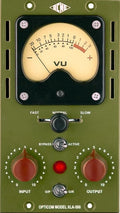 Front panel of an Opticom Model XLA-500 with VU meter, knobs, and toggle switches on an olive green background.