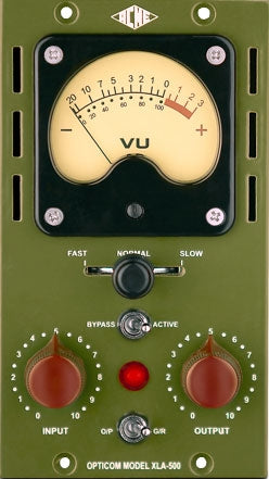 Front panel of an Opticom Model XLA-500 with VU meter, knobs, and toggle switches on an olive green background.