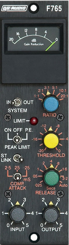 Black audio processor panel with dB gain reduction meter, knobs for ratio, threshold, release, input, output, and toggle switches.