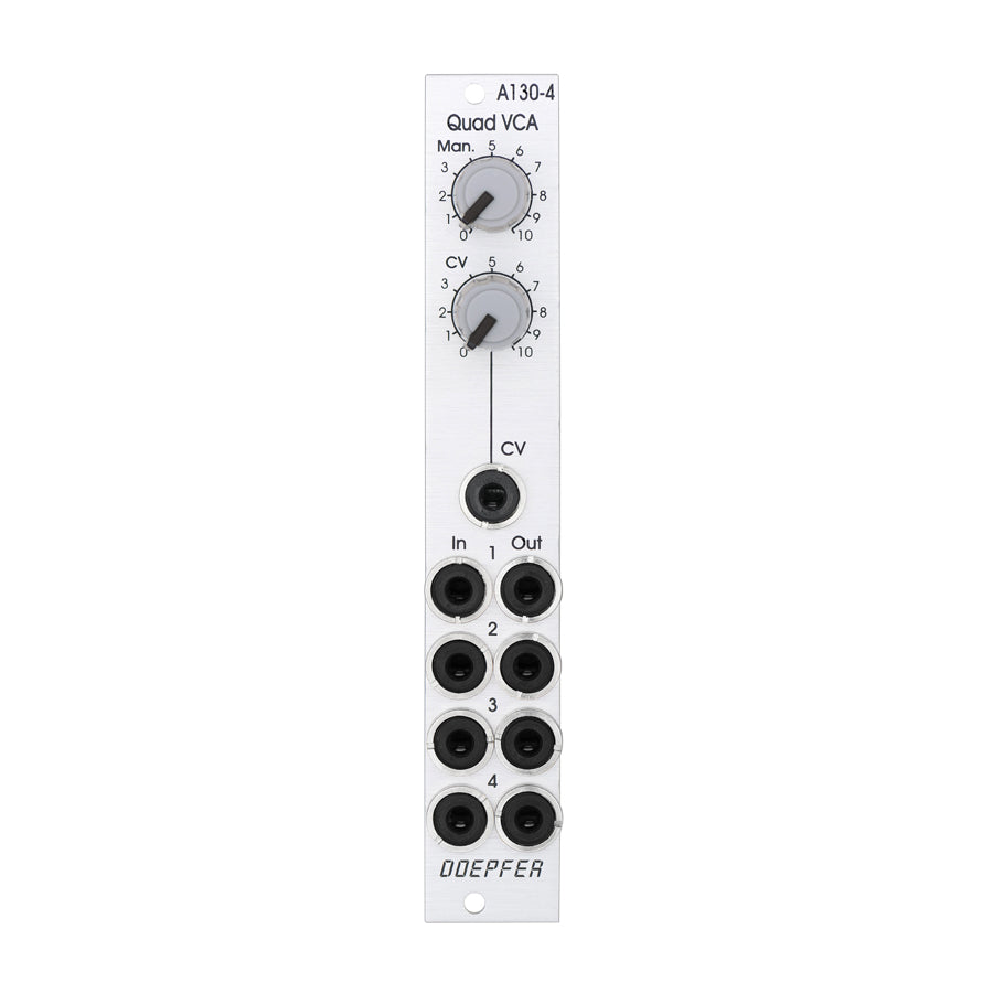 Silver eurorack module with two grey rotary knobs and eight 3.5mm jacks labeled for CV, input, and output.