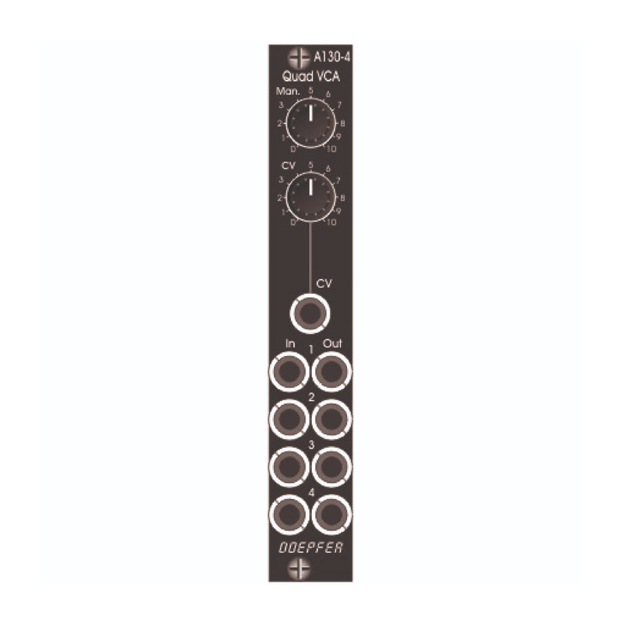 Front panel of a Doepfer A130-4 quad VCA Eurorack module with knobs and jacks.