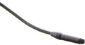 Black lavalier microphone with attached cable on a white background.