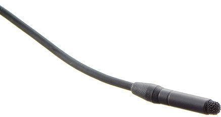 Black lavalier microphone with attached cable on a white background.