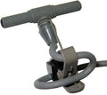 Gray stereo microphone with foam windshields on both sides mounted on a clip with attached cable.