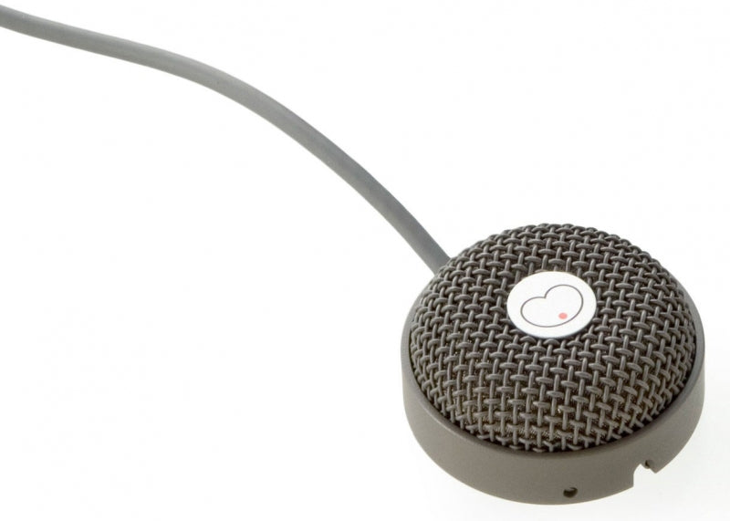 Round gray microphone with grille top and attached gray cable on white background.