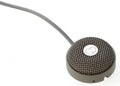 Round gray wired microphone with a metal mesh grille and a logo on top, placed on a white background.