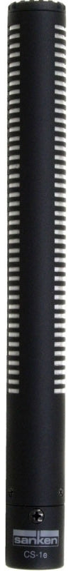 Black cylindrical microphone with white vent slots and label reading 'sanken CS-1e' at the bottom.