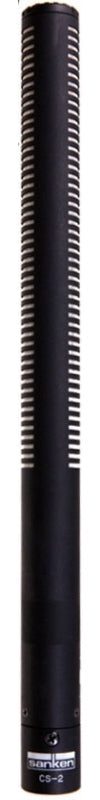 Black shotgun microphone with ribbed body and XLR connector showing brand Sanken and model CS-2.