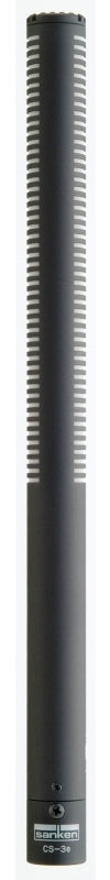 Black cylindrical shotgun microphone with silver slots and sanken branding, model CS-3e.