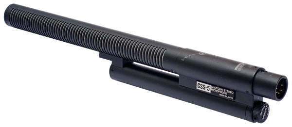 Black cylindrical Sanken CSS-5 stereo microphone with ribbed body and 3-pin male XLR connector.