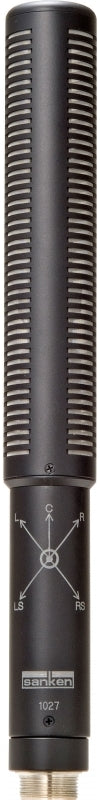Black shotgun microphone with multiple directional markings and a male XLR connector at the base.