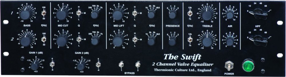 Front panel of a black two-channel valve equalizer with multiple knobs, switches, and indicator lights.