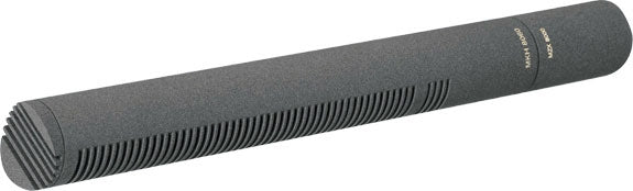 Long black shotgun microphone with foam covering and grille slots along the body.