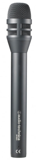Black and silver handheld microphone with metal mesh grille and audio-technica branding.