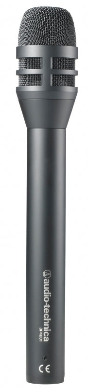 Black and silver handheld microphone with metal mesh grille and audio-technica branding.
