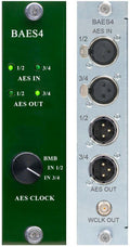 Front and rear panels of a BAES4 audio converter showing AES digital input/output LEDs, a rotary knob, XLR and BNC connectors.