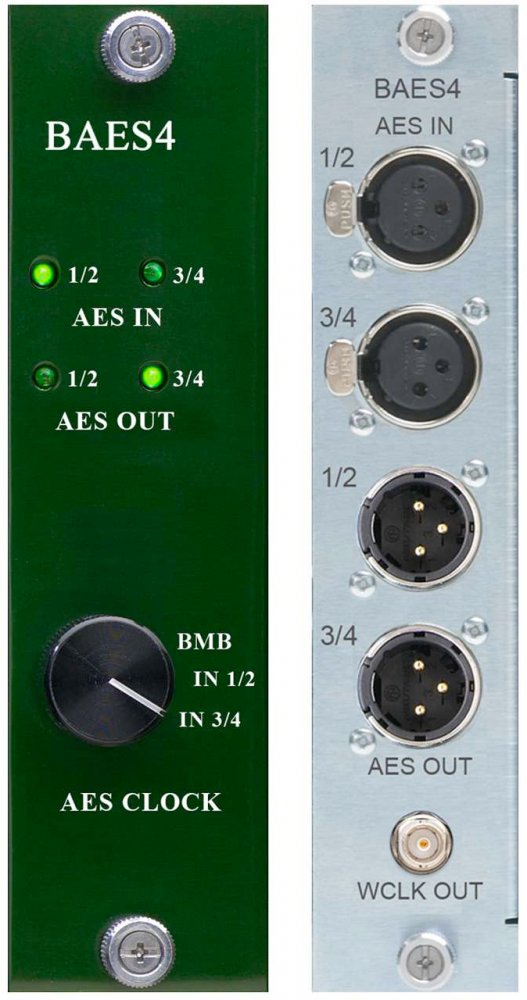 Front and rear panels of a BAES4 audio converter showing AES digital input/output LEDs, a rotary knob, XLR and BNC connectors.