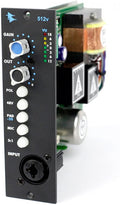 Black 512v preamp unit with gain and output knobs, multiple push buttons, VU meter LEDs, and a combo input jack.