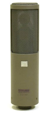Olive green and black studio microphone with mesh grille and Sanken logo on the body.