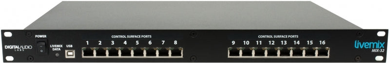Rackmount audio device with multiple Ethernet ports, USB port, and power switch on the front panel.