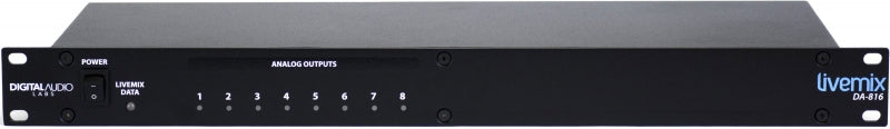 Black front panel unit with power button and eight analog output jacks labeled 1 to 8.