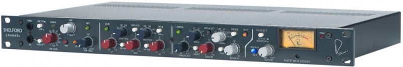 Front panel of a black audio preamp with multiple knobs, buttons, and a vintage-style meter labeled 'RUPERT NEVE DESIGNS'.