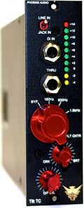 Black audio device module with red knobs, toggle switch, 1/4 inch jacks, and LED level indicators