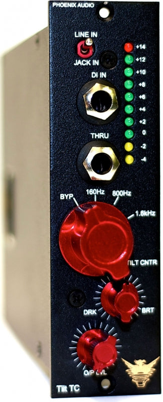 Black audio device module with red knobs, toggle switch, 1/4 inch jacks, and LED level indicators