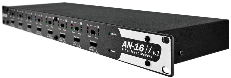 Black metal rackmount A-Net input module with 16 numbered ports and control switches.